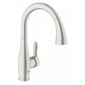 Смеситель для кухни однорычажный GROHE Parkfield с выдвижной лейкой, C-образный излив, суперсталь (30215DC1) — фото, характеристики, купить в EJSK-CLIMBO
