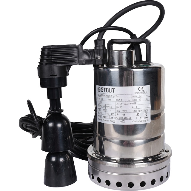 Насос дренажный STOUT с вертикальным поплавком, кабель 10 м, 230V, Q=175 л/мин, H=10 м — фото, характеристики