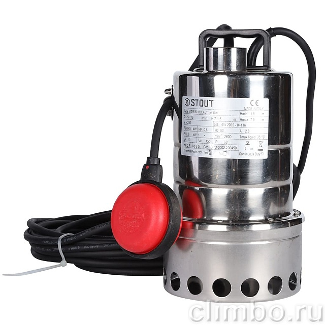 Насос дренажный STOUT с поплавком, кабель 10 м, 230V, Q=175 л/мин, H=7,5 м — фото, детали конструкции