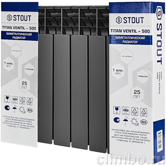Радиатор биметаллический нижнее правое подключение STOUT TITAN VENTIL 500 8 секций (графит RAL 7024) — фото, детали конструкции