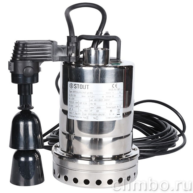 Насос дренажный STOUT с вертикальным поплавком, кабель 10 м, 230V, Q=150 л/мин, H=8 м — фото, детали конструкции