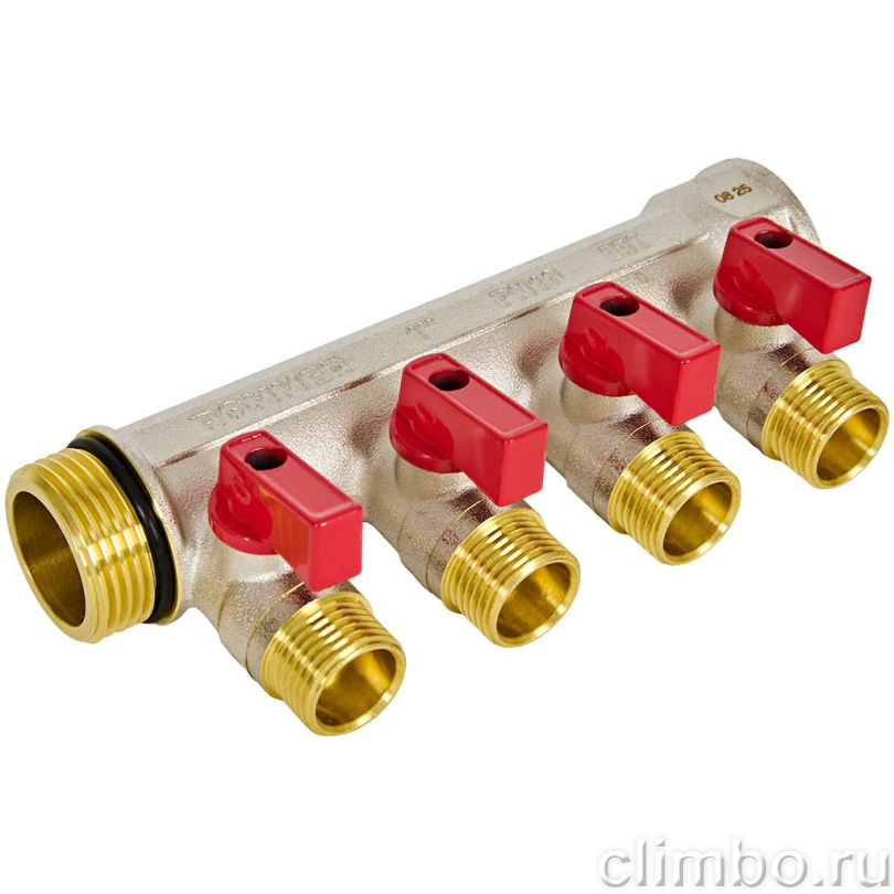 Коллектор распределительный ROMMER RMB-0008CF с шаровыми кранами 1, 4 отвода 1/2, под компрессионный фитинг для полимерных труб (красные ручки, синие в комплекте) — фото, детали конструкции