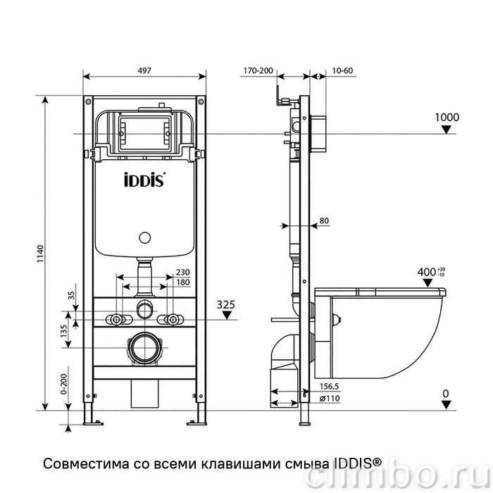 Комплект 3в1: подвесной унитаз, инсталляция и клавиша смыва черная, Бэйсик (Basic), IDDIS, BASSPU6i73 — фото, детали конструкции