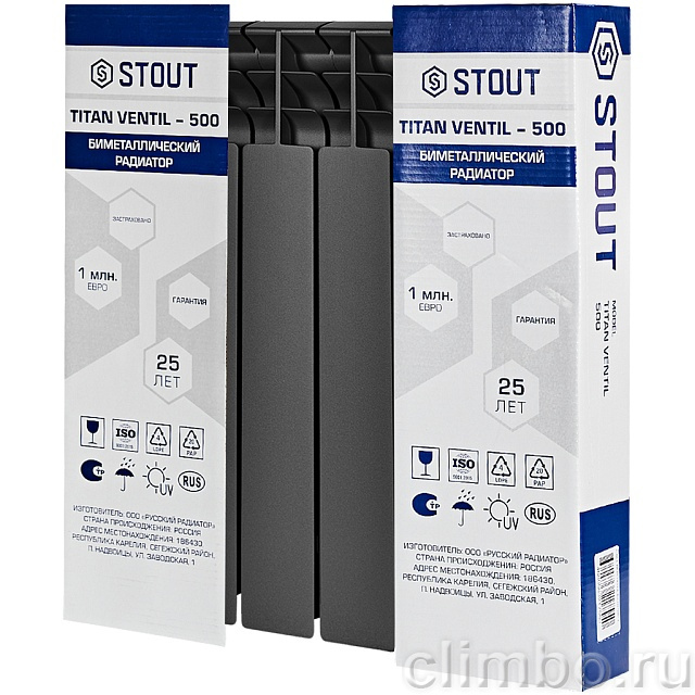 Радиатор биметаллический нижнее правое подключение STOUT TITAN VENTIL 500 6 секций (графит RAL 7024) — фото, детали конструкции