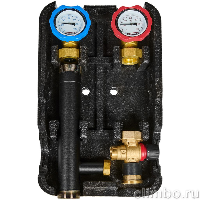 Насосная группа ROMMER RDG-2002 с термостатическим смесительным клапаном (20-43°С) 1 без насоса, в теплоизоляции — фото, детали конструкции