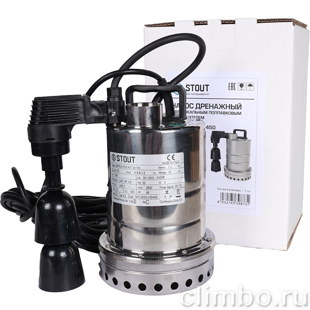Насос дренажный STOUT с вертикальным поплавком, кабель 10 м, 230V, Q=175 л/мин, H=10 м — фото, детали конструкции