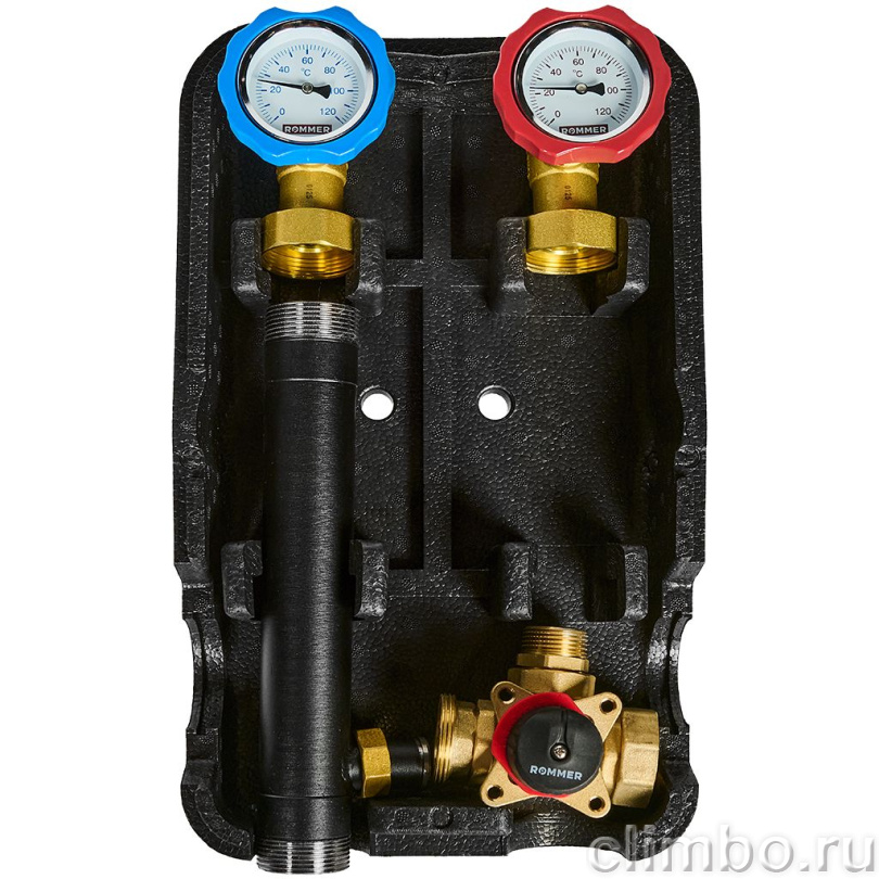 Насосная группа ROMMER RDG-2003 с 3-х ходовым приводным смесителем 1 без насоса, в теплоизоляции — фото, детали конструкции
